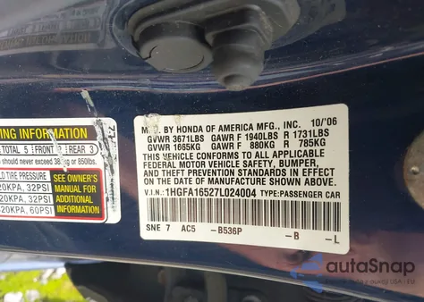 2007 Honda Civic Lx from USA, damaged, VIN 1HGFA16527L024004
